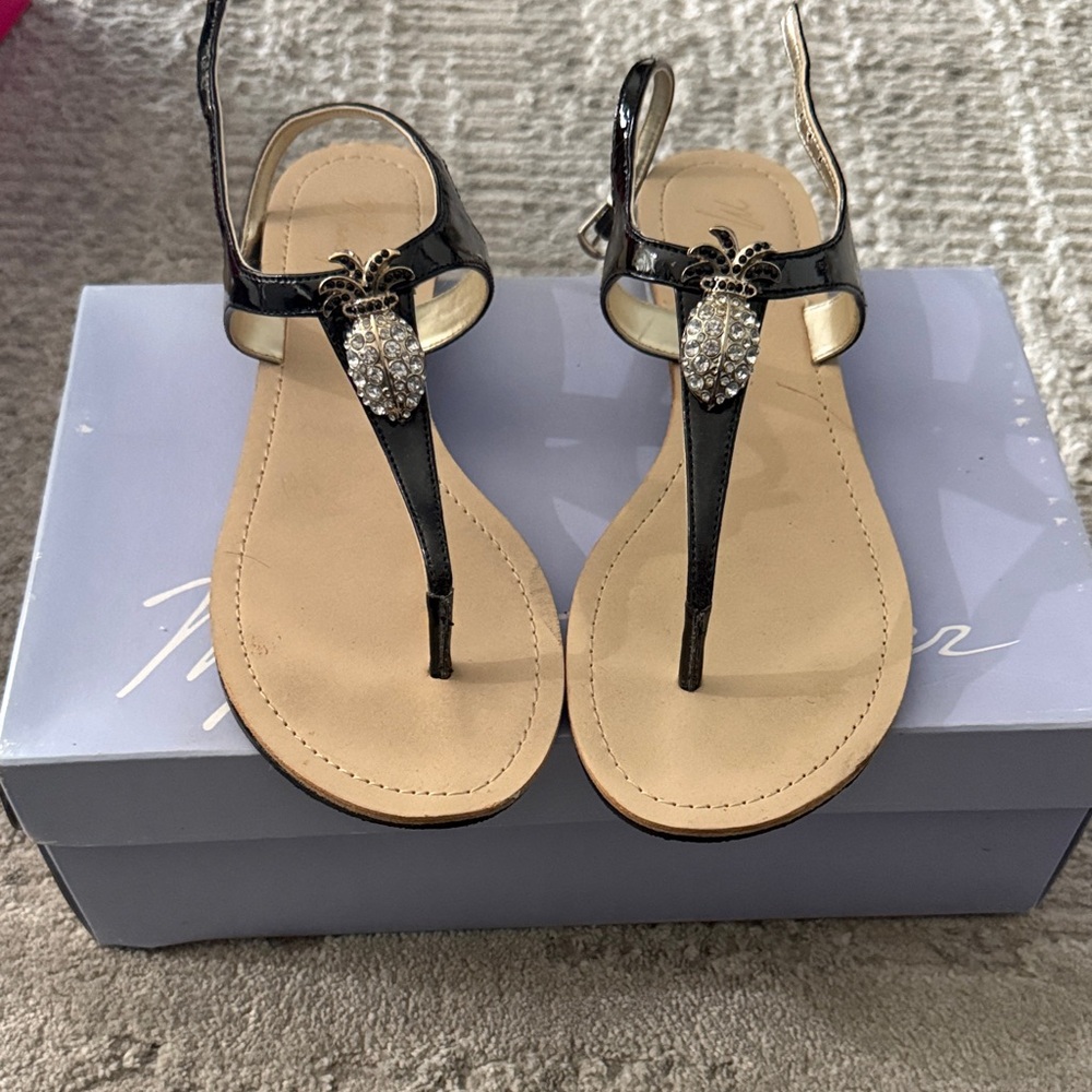 Marc Fisher Black Patent T-Strap Sandals with Rhinestone Pineapple